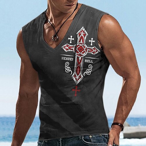 

Men's Undershirt Templar Cross Graphic Prints Cross V Neck Black 3D Print Street Daily Sleeveless Print Clothing Apparel Basic Casual Classic Big and Tall