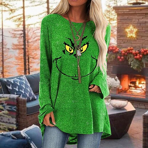 

Women's T shirt Tee Green Yellow Red Graphic Grinch Print Long Sleeve Daily Weekend Basic Round Neck Long Painting S