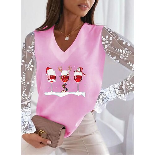 

Femme T shirt Tee Chemise de Noël Maille Graphic Manches Evasées Blanche Rose Claire Patchwork Garniture en dentelle manche longue Noël Casual Fin de semaine Noël Col V Standard