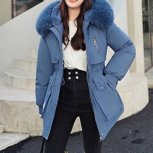 

Women's Winter Jacket Winter Coat Parka Warm Breathable Outdoor Daily Wear Vacation Going out Pocket Fur Collar Fleece Lined Zipper Hoodie Casual Lady Comfortable Solid Color Regular Fit Outerwear
