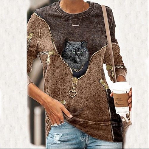 

Women's Sweatshirt Pullover Active Brown Cat Street Round Neck Long Sleeve M L XL 2XL 3XL