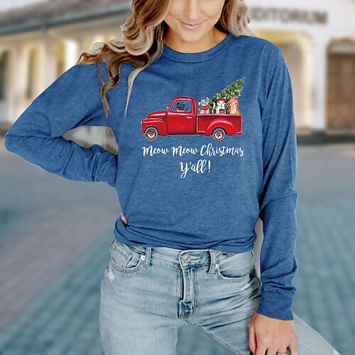 

Women's T shirt Tee Green Blue Yellow Graphic Letter Print Long Sleeve Christmas Casual Basic Christmas Round Neck Regular Cotton Floral S