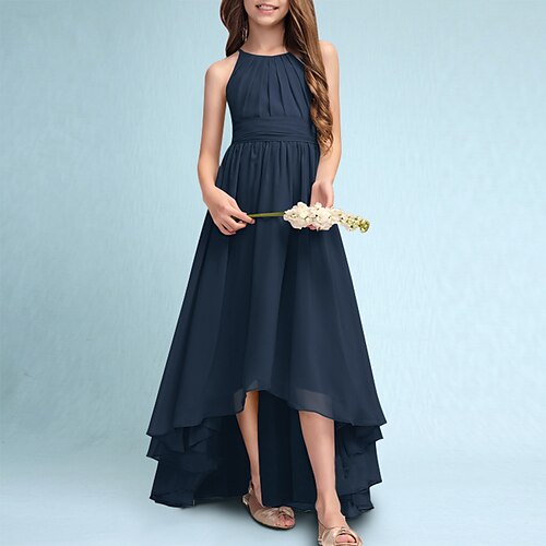 

A-Line Asymmetrical Halter Neck Chiffon Junior Bridesmaid Dresses&Gowns With Sash / Ribbon Wedding Party Dresses 4-16 Year