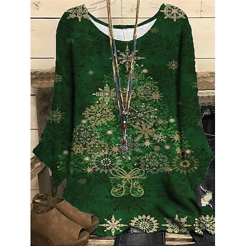 

Women's Plus Size Christmas Tops Blouse Shirt Tree Sunflower Print Long Sleeve Crewneck Casual Daily Polyester Winter Fall Green Dark Green