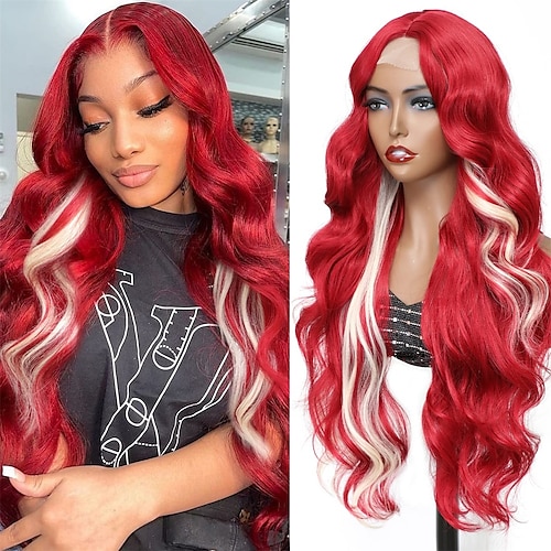 

32 Long Wavy Highlight Wigs Skunk Stripe Body Wave Synthetic Wig middle Part White Wig with Red Streaks Highlighted Wig for Women Daily Party Use ChristmasPartyWigs