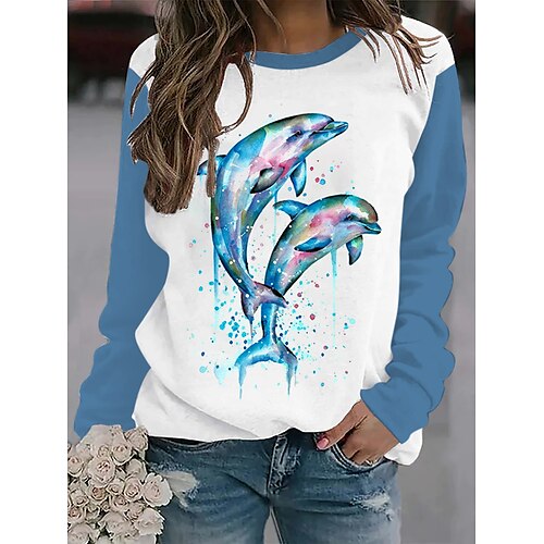 

Women's Sweatshirt Pullover Basic Blue Dark Blue White Graphic Street Round Neck Long Sleeve S M L XL 2XL 3XL / Winter