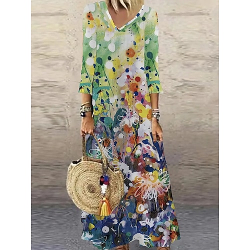 

Women's Casual Dress Long Dress Maxi Dress Rainbow 3/4 Length Sleeve Floral Ruched Print Winter Fall V Neck Stylish Casual 2022 S M L XL XXL 3XL