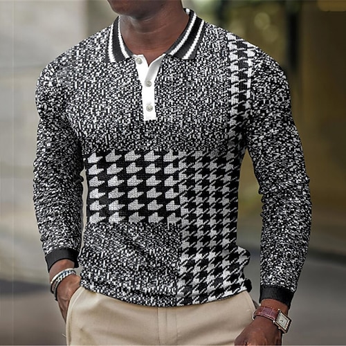 

Men's Collar Polo Shirt Golf Shirt Houndstooth Turndown Black 3D Print Street Casual Long Sleeve Button-Down Print Clothing Apparel Fashion Designer Casual Breathable