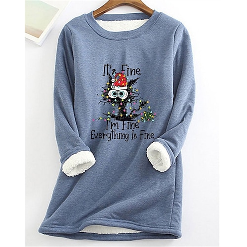 

Women's Plus Size Christmas Tops Blouse Cat Print Long Sleeve Crew Neck Casual Sherpa Fleece Home Polyester Winter Fall Blue Pink