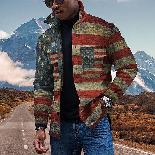 

Men's Coat With Pockets Daily Wear Vacation Going out Single Breasted Turndown Streetwear Casual Daily Outdoor Jacket Outerwear National Flag Pocket Print Red / Long Sleeve