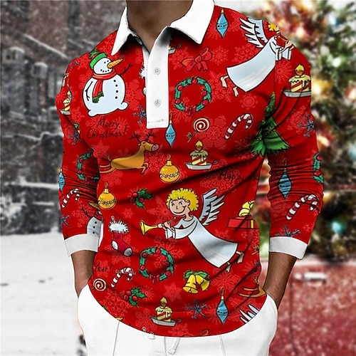 

Men's Collar Polo Shirt Golf Shirt Snowman Graphic Prints Angel Turndown Wine 3D Print Christmas Street Long Sleeve Button-Down Print Clothing Apparel Fashion Designer Casual Soft