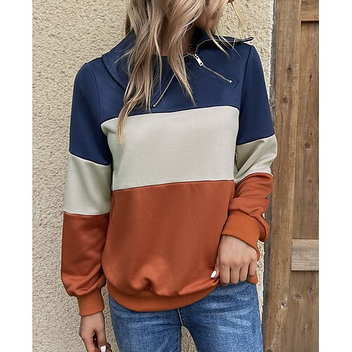 

Women's Sweatshirt Basic Zipper Navy Blue Color Block Street V Neck Long Sleeve S M L XL