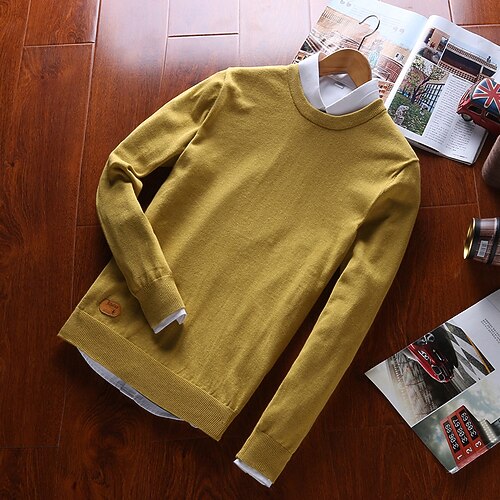 

Men's Pullover Sweater Jumper Ribbed Knit Knitted Solid Color Crew Neck Keep Warm Modern Contemporary Work Daily Wear Clothing Apparel Spring & Fall Black Yellow M L XL