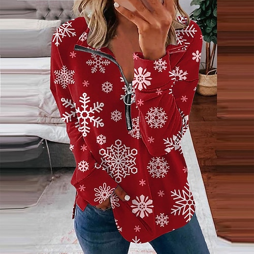 

Women's Sweatshirt Pullover Basic Christmas Zipper Green Black Blue Graphic Snowman Christmas V Neck Long Sleeve S M L XL 2XL