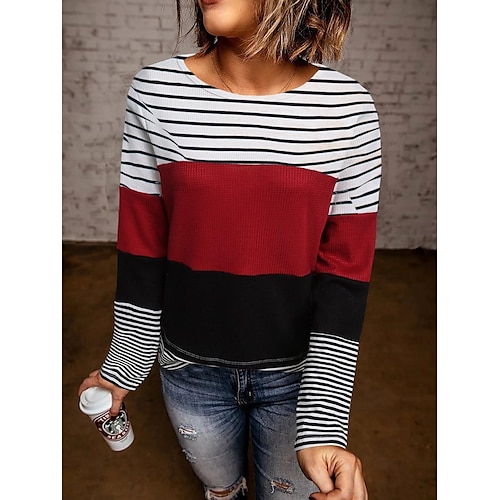 

Women's T shirt Tee Red Color Block Striped Print Long Sleeve Casual Basic Round Neck Regular Painting S