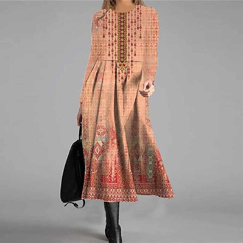 

Women's Casual Dress Swing Dress Midi Dress Green Black Yellow Long Sleeve Floral Pocket Winter Fall Autumn Winter Dress Fall Dress 2022 S M L XL XXL 3XL