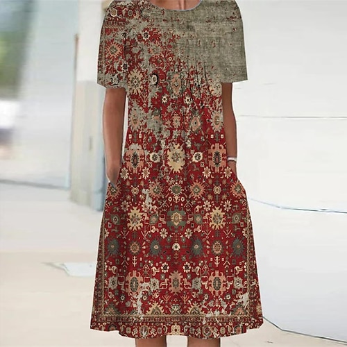 

Women's Casual Dress Shift Dress Red Short Sleeve Floral Pocket Spring Summer Crew Neck 2022 S M L XL XXL 3XL