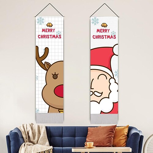 

Christmas Santa Claus Elk Woven Wall Tapestry Hanging Photography Background Background Living Room Decoration Tassel 32.5x130cm(13x52inch)