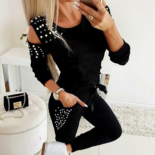 

Women's Shirt Pants Sets Streetwear Blue Black Casual Weekend Solid Color Drawstring Beaded Round Neck S M L XL / Cut Out / Print