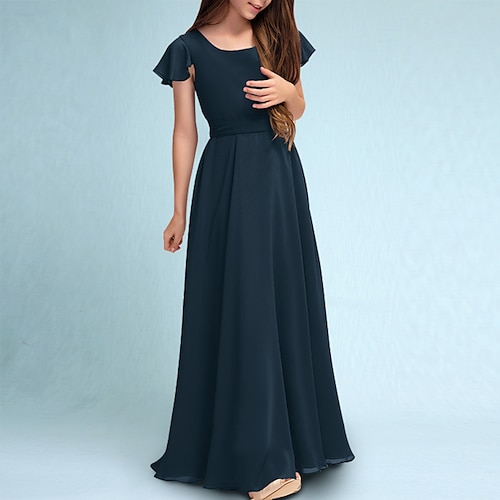 

A-Line Floor Length Crew Neck Chiffon Junior Bridesmaid Dresses&Gowns With Sash / Ribbon Wedding Party Dresses 4-16 Year