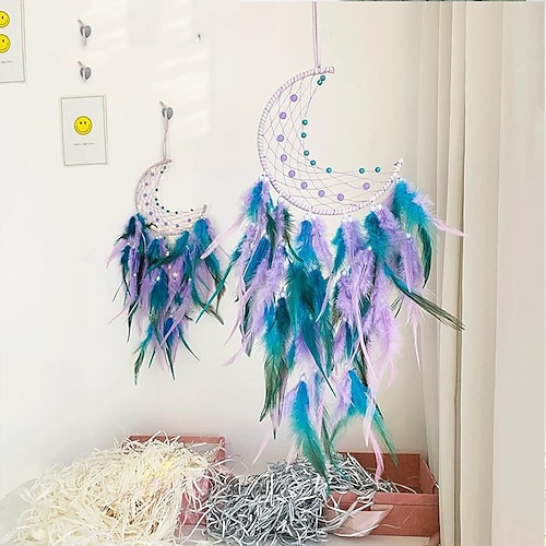 

Moon Dream Catcher Handmade Gift with Green Purple Feather Wall Hanging Decor Art Wind Chimes Boho Style Car Hanging Home Pendant