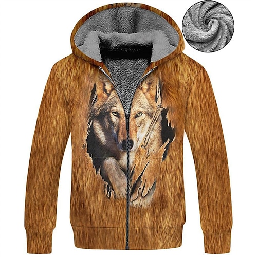 

Men's Fleece Jacket Full Zip Hoodie Fleece Hoodie Sherpa Jacket Brown Hooded Wolf Graphic Prints Zipper Print Sports & Outdoor Daily Sports 3D Print Fleece Streetwear Designer Casual Winter Clothing