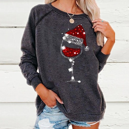 

Women's Shirt Navy Green Dark Grey Graphic Print Long Sleeve Christmas Casual Basic Round Neck Regular S