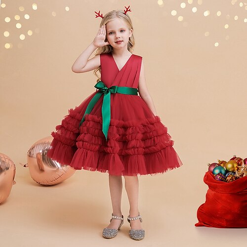 

Toddler Girls' Dress Solid Color Party Dress Midi Dress Performance Ruffle Sleeveless Fashion Dress 3-7 Years Fall Green Purple Red / Spring