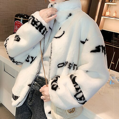 

Women's Teddy Coat Warm Breathable Outdoor Daily Wear Vacation Going out Zipper Pocket Print Zipper Stand Collar Fashion Lady Comfortable Plush Letter Regular Fit Outerwear Long Sleeve Winter Fall