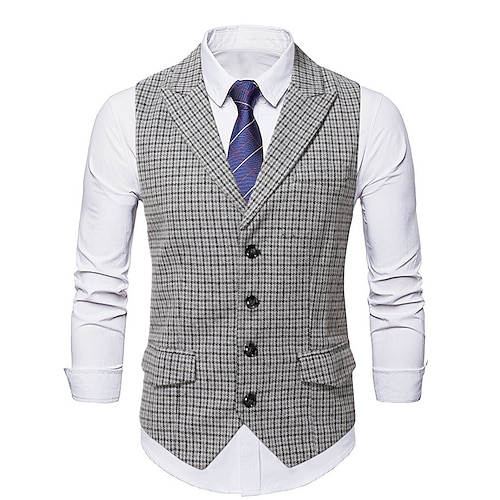 

Men's Formal Vest Plaid Tailored Fit Peak Single Breasted Four-buttons Grey 2022