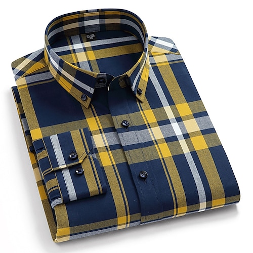 

Men's Shirt Dress Shirt Tartan Turndown Light Yellow Black Blue Yellow Wine Outdoor Street Long Sleeve Button-Down Print Clothing Apparel Cotton Breathable Comfortable / Fall / Spring