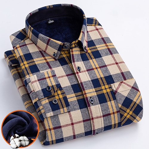 

Men's Dress Shirt Plaid Shirt Fleece Shirt Plaid Turndown Black Blue Yellow Khaki Coffee 3D Print Outdoor Work Long Sleeve Button-Down Clothing Apparel Cotton Business Breathable Comfortable