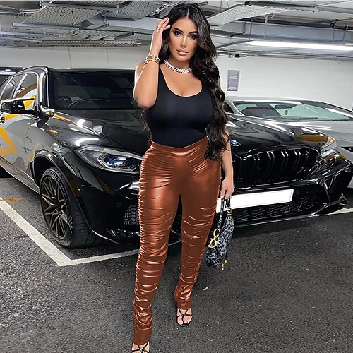 

Women's Skinny Faux Leather claret Brown Black Fashion Street Casual Full Length Comfort Solid Color S M L XL 2XL