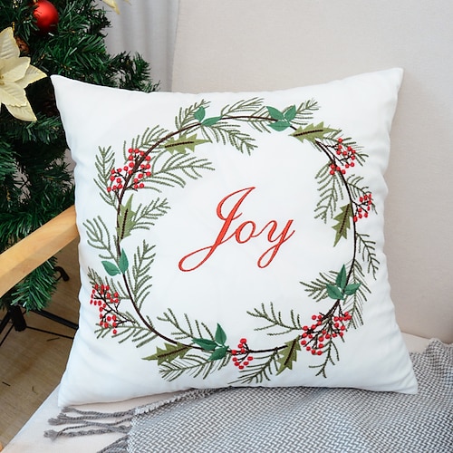 

Christmas Throw Pillow Cover Embroidery Quality Pillow Case for Bedroom Livingroom Wreath Joy Cushion Cover