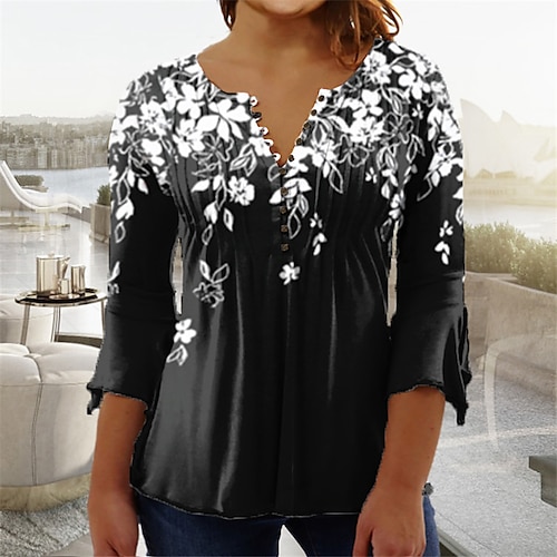 

Women's Plus Size Tops Blouse Shirt Leaf Floral Button Print 3/4 Length Sleeve V Neck Casual Daily Vacation Cotton Spandex Jersey Winter Fall Purple Yellow