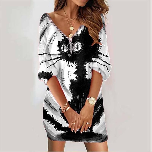 

Women's Sweatshirt Dress Winter Dress White Long Sleeve Animal Cat Zipper Print Winter Fall V Neck Vacation Casual Fall Dress Loose Fit 2022 S M L XL XXL 3XL / Halloween