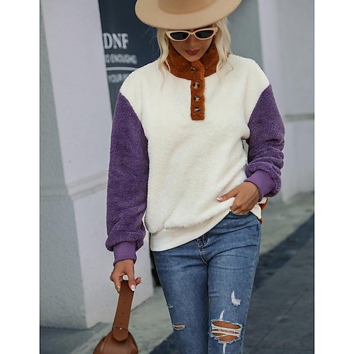 

Women's Hoodie Button Color Block Basic V Neck Thick Winter White