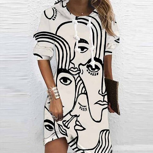 

Women's Hoodie Dress Winter Dress Beige Long Sleeve Abstract Print Winter Fall Hooded Vacation Casual Fall Dress 2022 S M L XL XXL 3XL