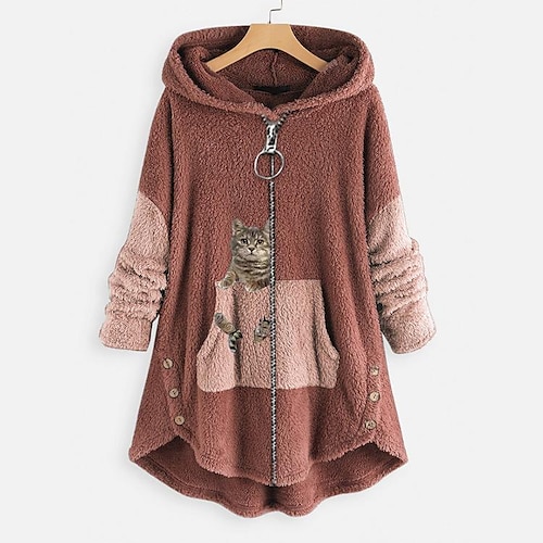 

Women's Fleece Hoodie Green Pink Dark Grey Grey Hooded Cat Front Pocket Print Casual Daily 3D Print Fleece Active Pullover Sherpa Fleece Clothing Apparel Hoodies Sweatshirts / Fleece lined