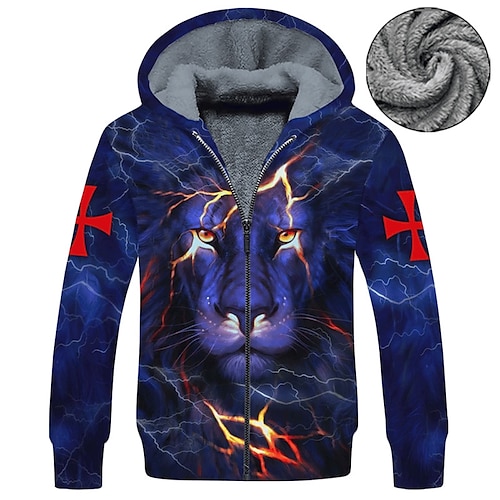 

Herren Fleecejacke Kapuzenshirt mit durchgehendem Reißverschluss Fleece-Hoodie Sherpa-Jacke Blau Mit Kapuze Löwe Tempelritter Grafik-Drucke Zip Bedruckt Sport Natur Täglich Sport 3D-Druck Vlies