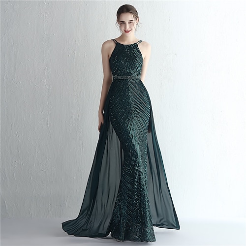 

Mermaid / Trumpet Prom Dresses Elegant Dress Formal Floor Length Sleeveless Halter Neck Chiffon with Beading Sequin 2022