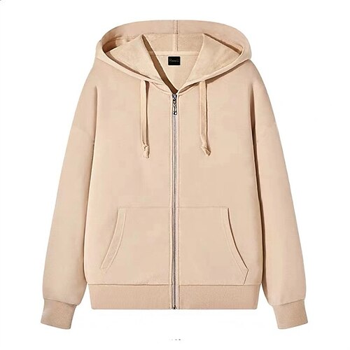 

Women's Casual Jacket Windproof Warm School Outdoor Street Daily Zipper Pocket Full Zip Zipper Hoodie Modern Preppy Style Solid Color Regular Fit Outerwear Long Sleeve Winter Fall Khaki S M L XL XXL