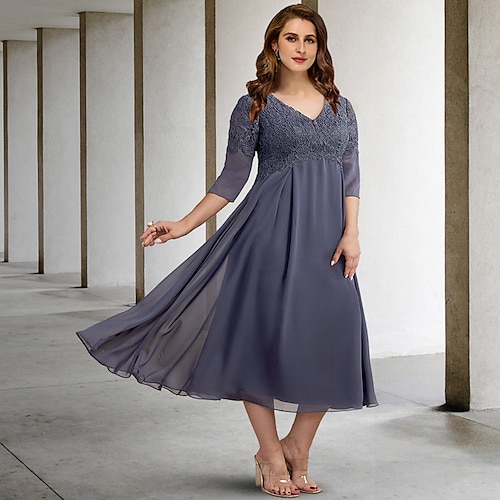 

A-Line Plus Size Curve Mother of the Bride Dresses Elegant Dress Formal Tea Length Half Sleeve V Neck Chiffon with Buttons Appliques 2022