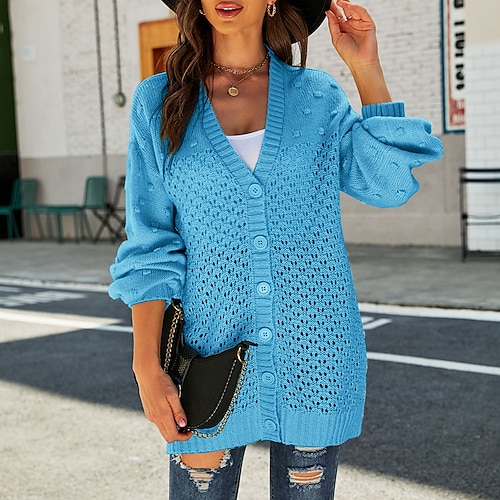 

Women's Cardigan Sweater Jumper Chunky Knit Tunic Patchwork Solid Color Crew Neck Casual Daily Lantern Sleeve Winter Fall Green Blue S M L / Long Sleeve / Loose Fit