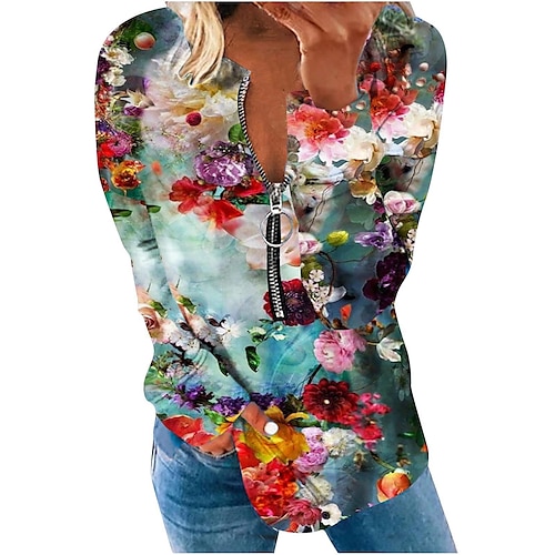 

Women's Hoodie Sweatshirt Pullover Active Zipper Green Blue Purple Floral Casual V Neck Long Sleeve S M L XL 2XL 3XL