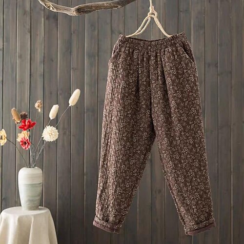 

Women's Pants Trousers Floral Print Basic Thick Winter Ash Coffee Black