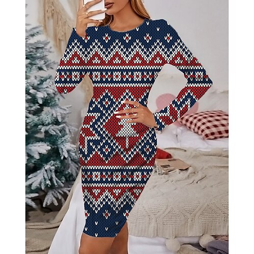 

Women's Christmas Casual Dress Print Dress Blue Wine Light Red Orange Red Long Sleeve Elk Tree Snowflake Print Winter Autumn Crew Neck Fashion Casual Fall Dress 2022 S M L XL 2XL 3XL 4XL 5XL 6XL