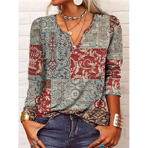 

Damen Henley Shirt Rote Leicht Braun Purpur Blumen Bedruckt Langarm Heim Casual Basic V Ausschnitt Standard Blume S