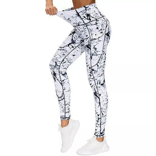 

Women's Leggings with Phone Pocket Tie Dye Tummy Control Butt Lift Quick Dry High Waist Yoga Fitness Gym Workout Bottoms Graphic White Black Spandex Winter Sports Activewear High Elasticity Skinny