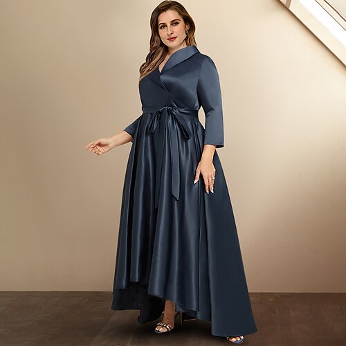 

A-Line Plus Size Curve Mother of the Bride Dresses High Low Dress Formal Asymmetrical 3/4 Length Sleeve Shirt Collar Satin with Bow(s) Pleats 2022